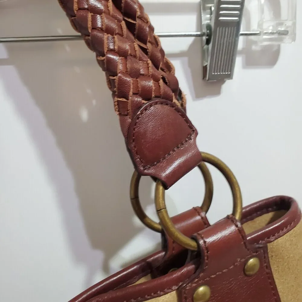 TANO‎ Shoulder Hobo Bag Womens gold Suede Leather Woven Handle Brown brass